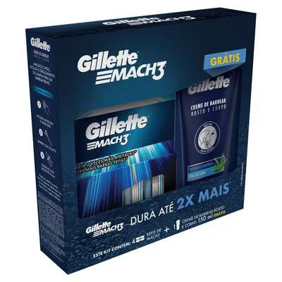 Kit Gillette Mach3 com 4 Refis + Grátis Creme de Barbear Rosto e Corpo 150ml